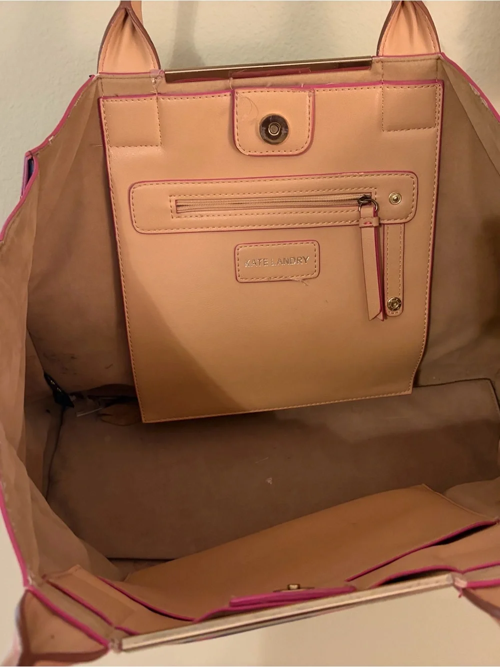 Navy & Pink Patterned Tote Bag with Tan Handles